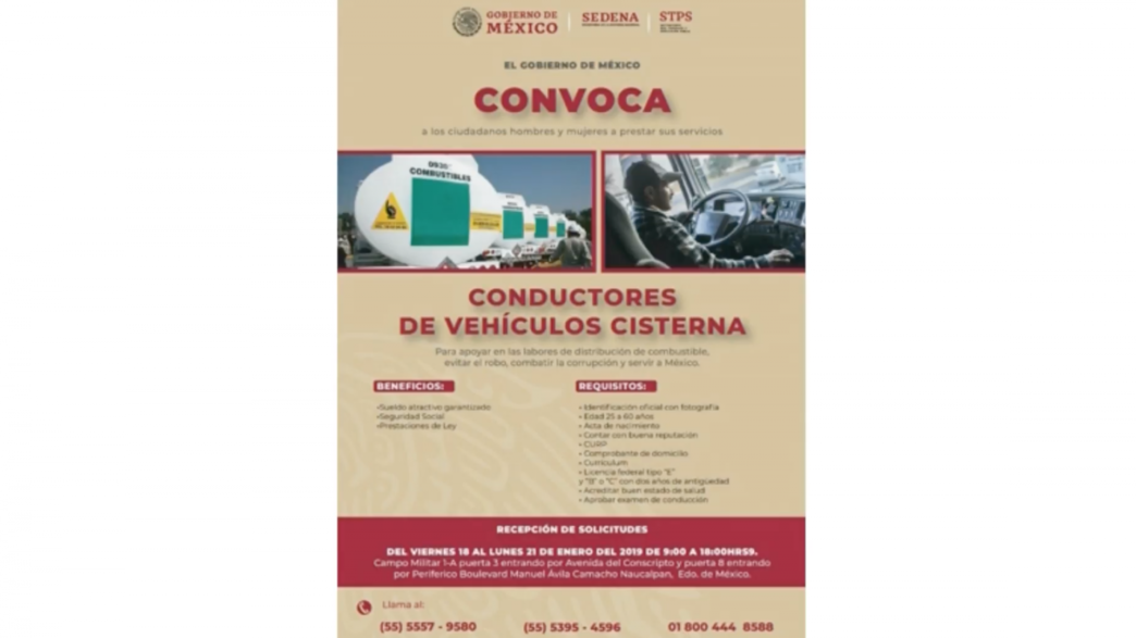 018004448588 El gobierno de AMLO abre convocatoria para 2000 conductores de pipas, $14,000.00 quincenales más prestaciones.